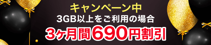 キャンペーン中 3GB以上をご利用の場合 3ヶ月690円割引